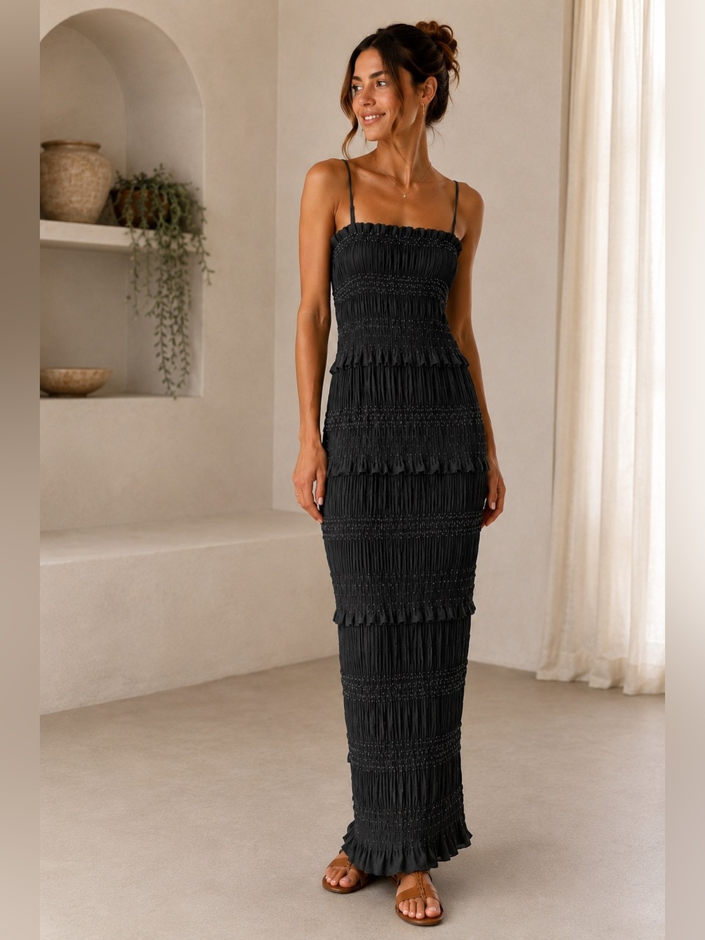 Smocked Tiered Maxi Dress - Black
